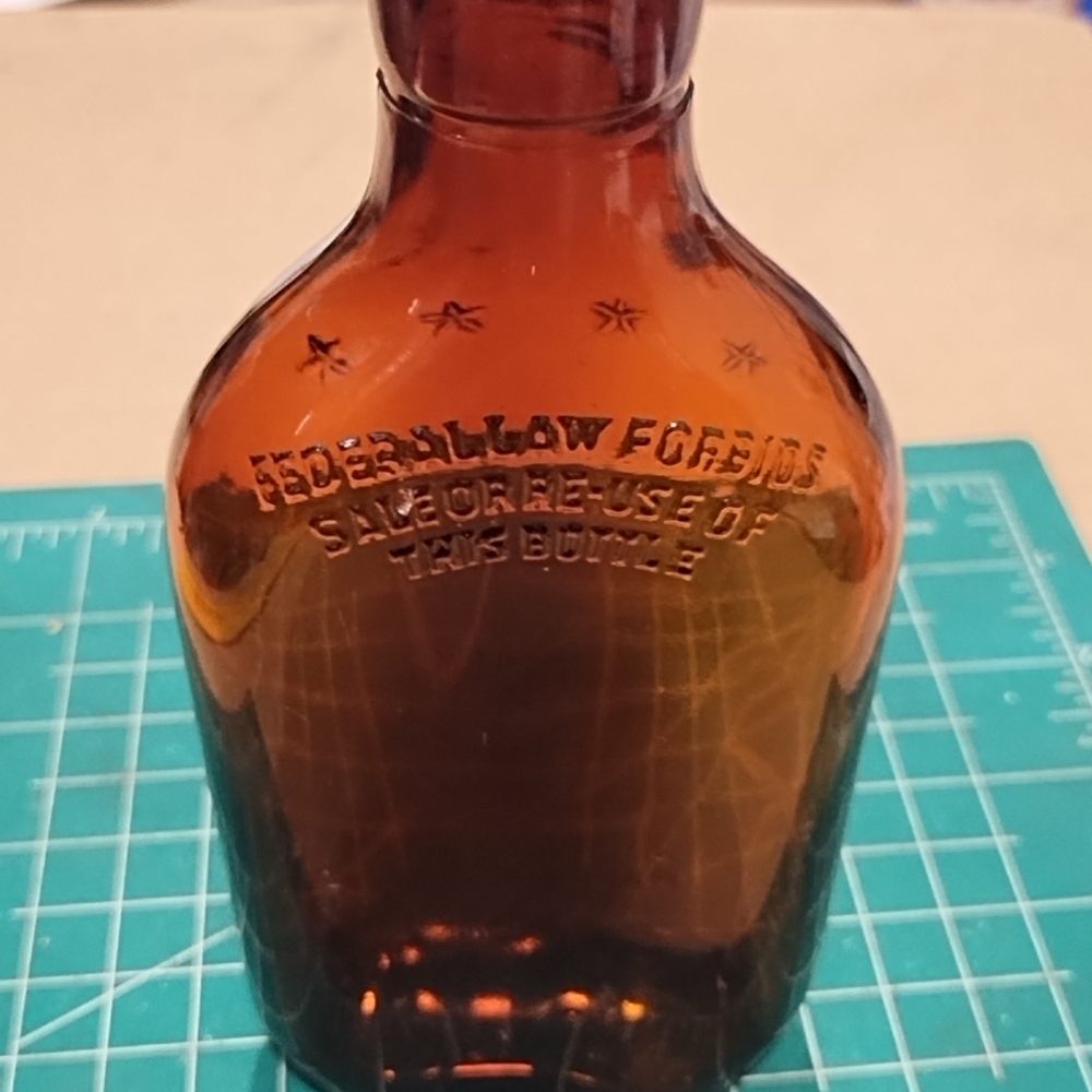 Embossed Amber Glass Bottle Vintage Whisky Federal Law Forbides Sale W/Cap